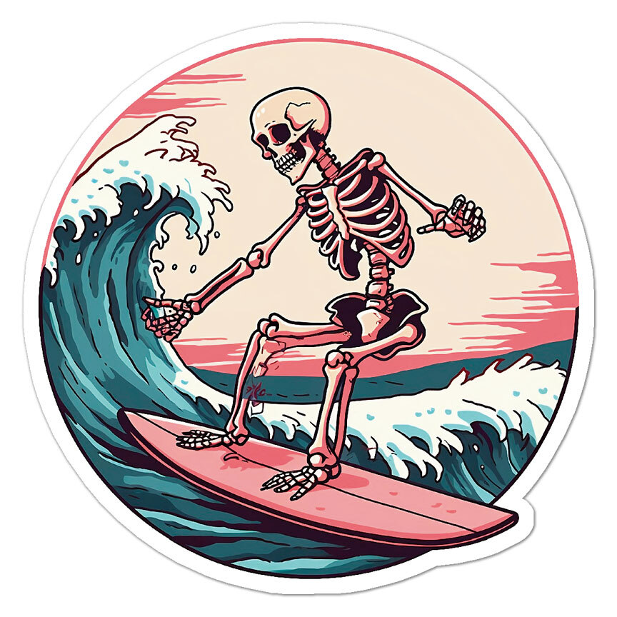 Surfing Skeleton Surf, Vinyl Decal Sticker, Indoor Outdoor, 3 Sizes, #9112