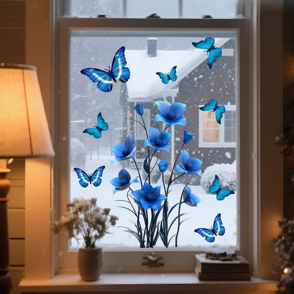 Waterproof Blue Flower Butterfly Window Cling PVC 11.81×23.62in Reusable Design