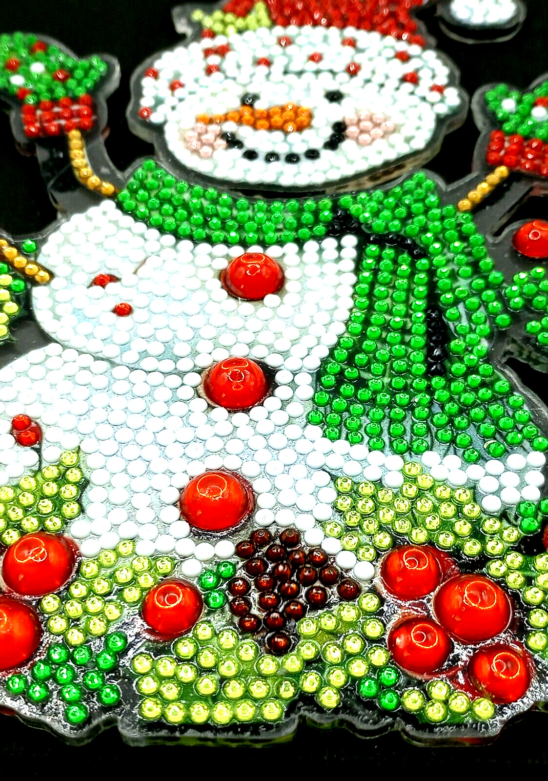 COMPLETED Diamond Art Acrylic Snowman on Black Stretched Canvas
