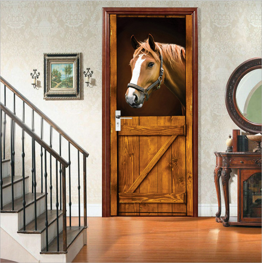 3D Self Adhesive Vintage Stable Horse Door Sticker Wall Decor Mural Wallpaper