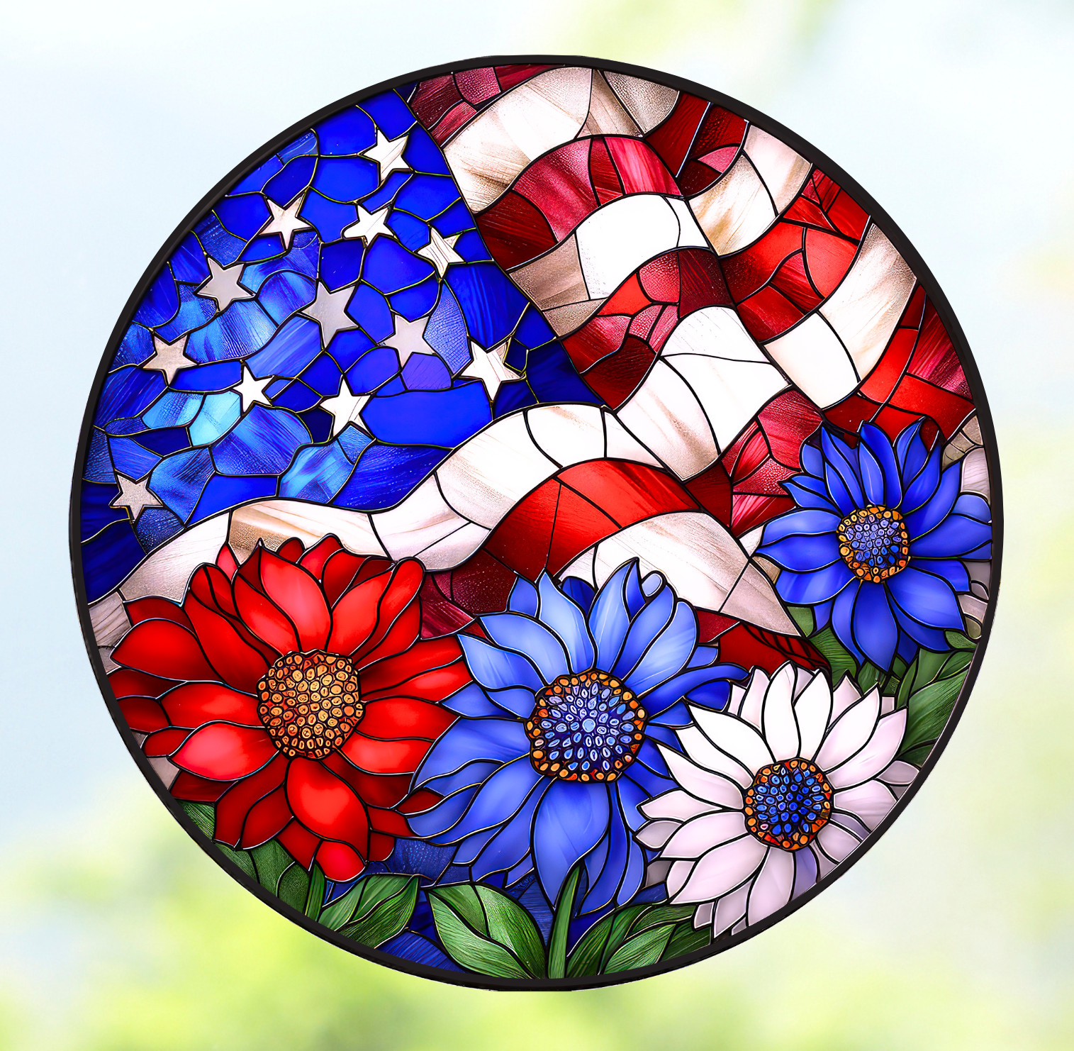American Flag WINDOW CLING Sun-catcher Size 8" Round ~ Repositionable Vinyl