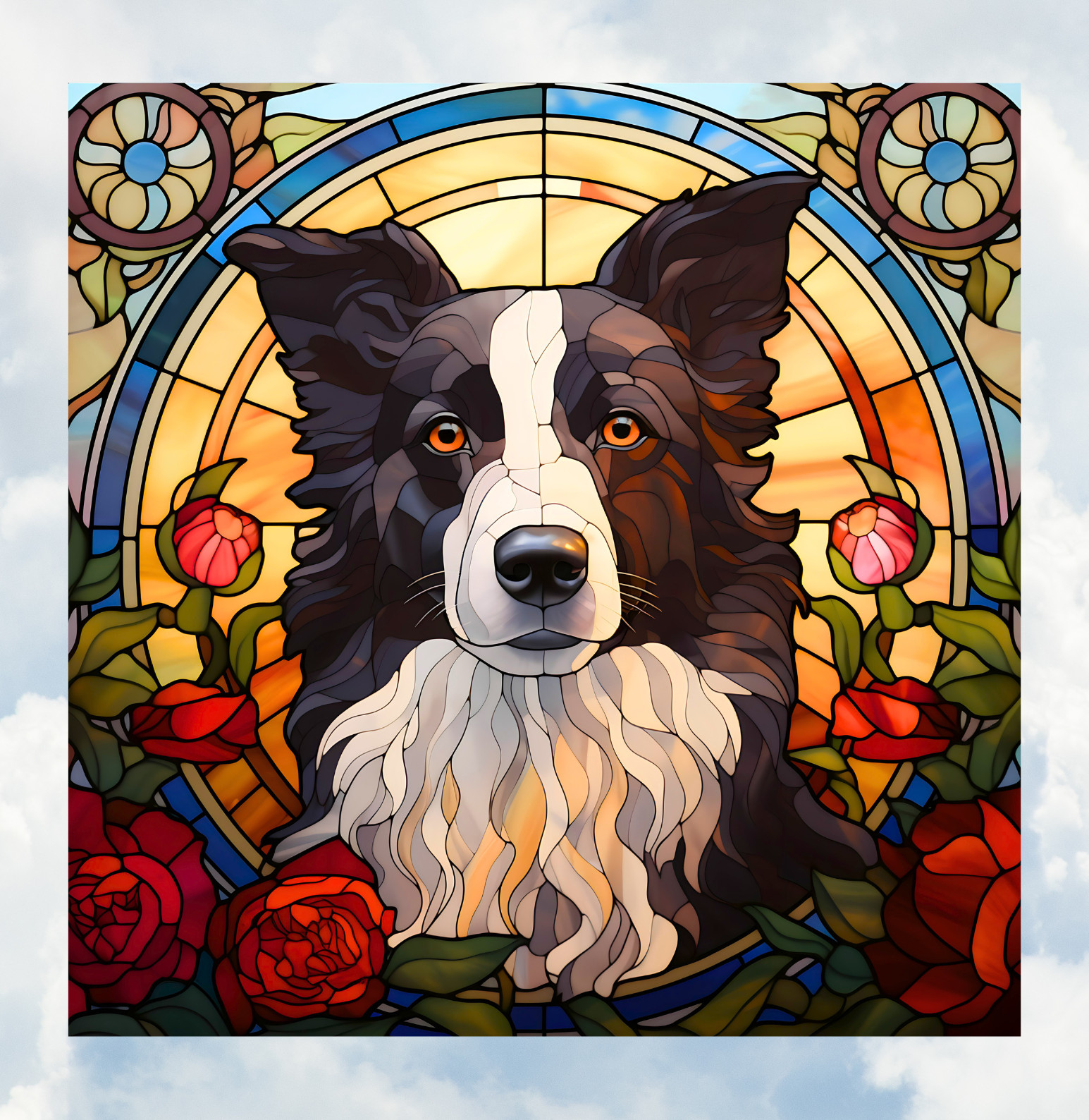 Border Collie Dog Faux Stained-Glass WINDOW CLING Size 8" Square Vinyl