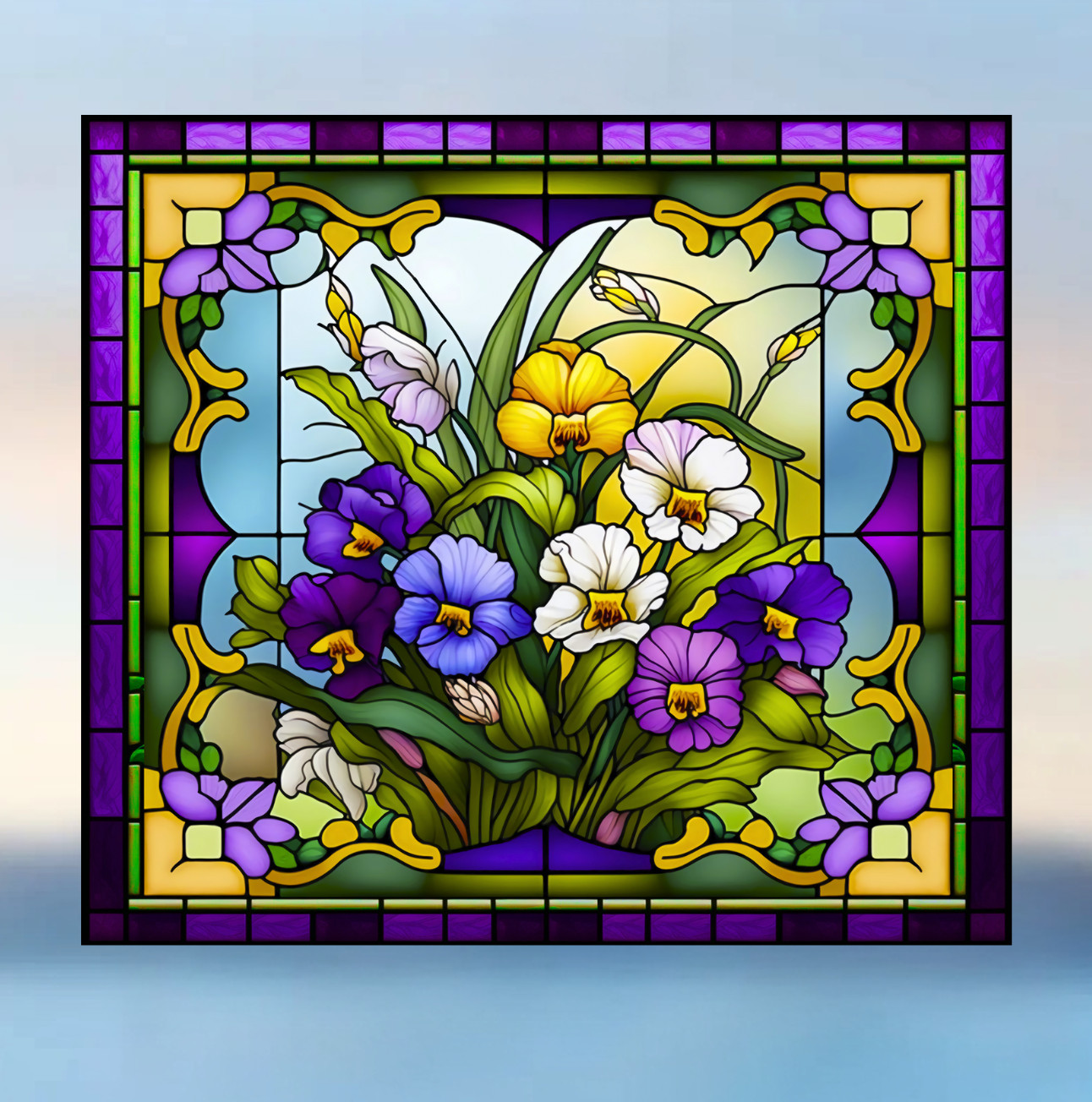 Pansies Faux Stained-Glass WINDOW CLING Size 9" Vinyl