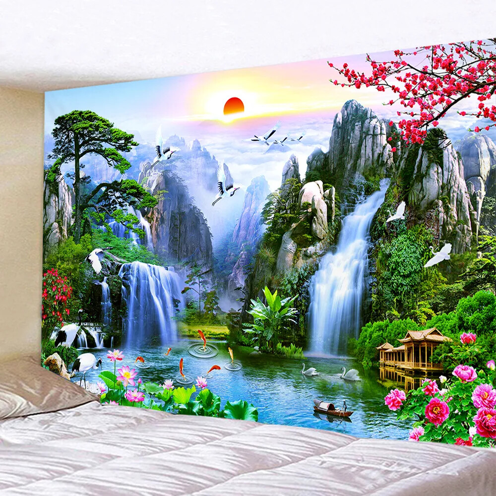 Nature Landscape Tapestry Chinese Scenery Painting Home Decor Mountain Waterfall