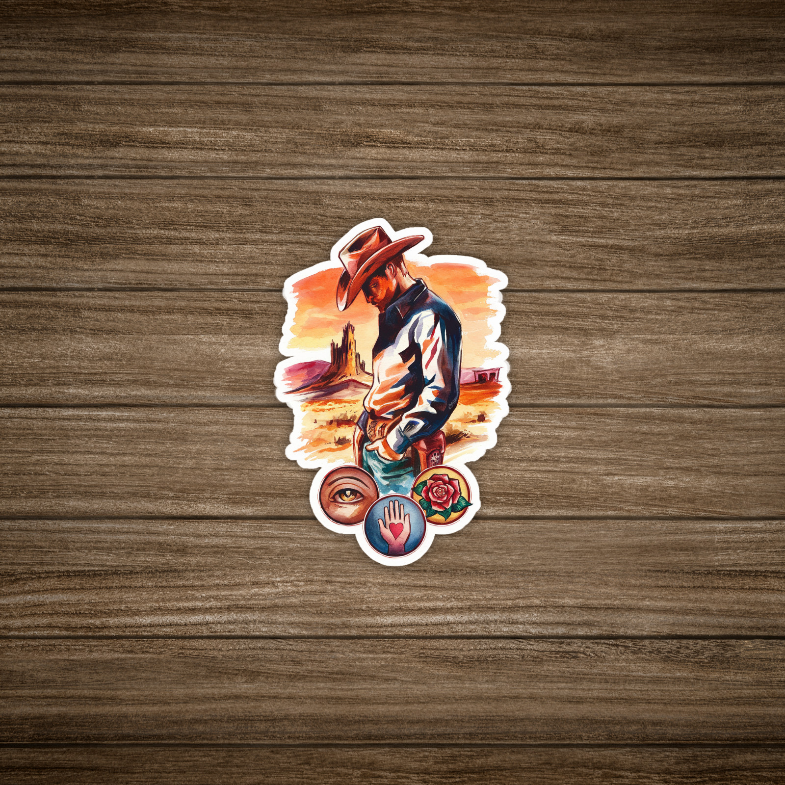 Vibrant Cowboy Watercolor Sticker – Eye-Catching Western Desert Scene #494