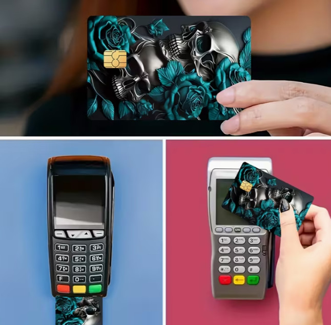 One Debit Credit Card Skin Sticker Decal with Chip Floral Teal Roses & Skulls