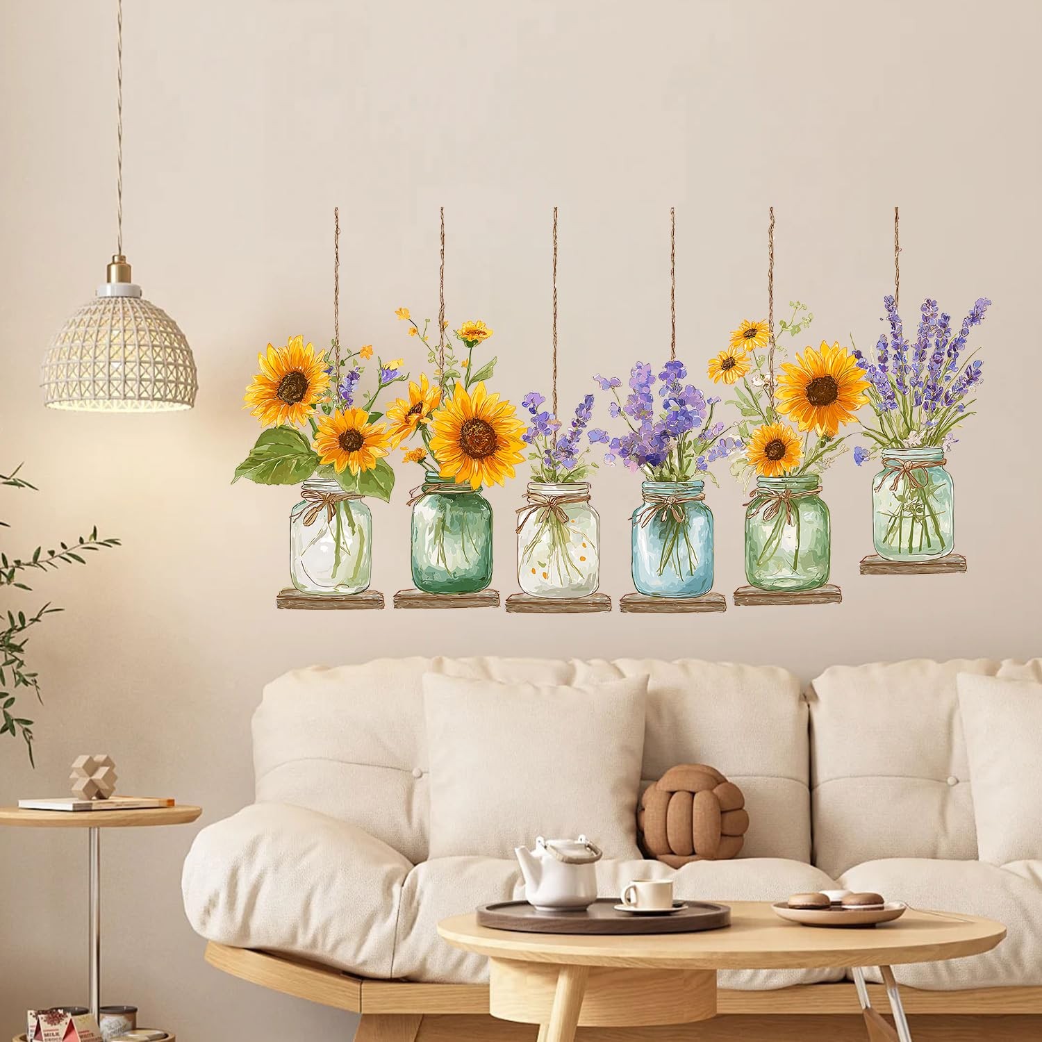 Sunflower & Lavender Hanging Mason Jar Wall Stickers – 35”x12” Floral Decals …