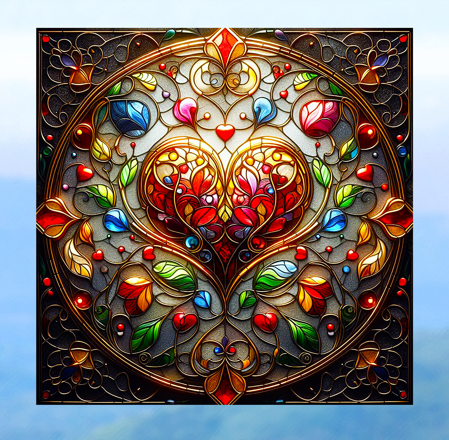 Ornate Jewel Heart Faux Stained-Glass WINDOW CLING Suncatcher Size 8" Vinyl