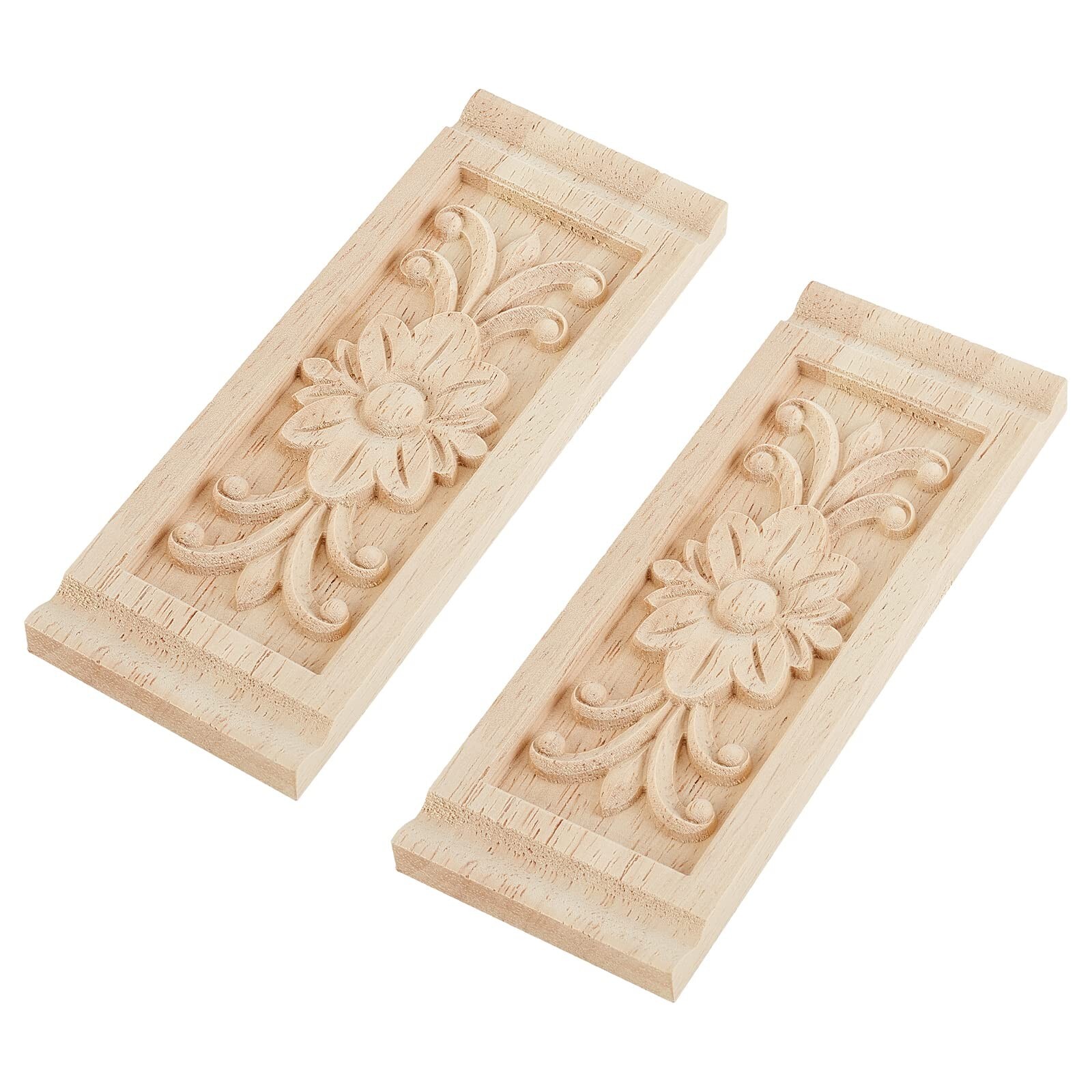 SUPERFINDINGS 2PCS Rectangle with Flower Wood Carving Decal 6.3×2.4inch Unpai…