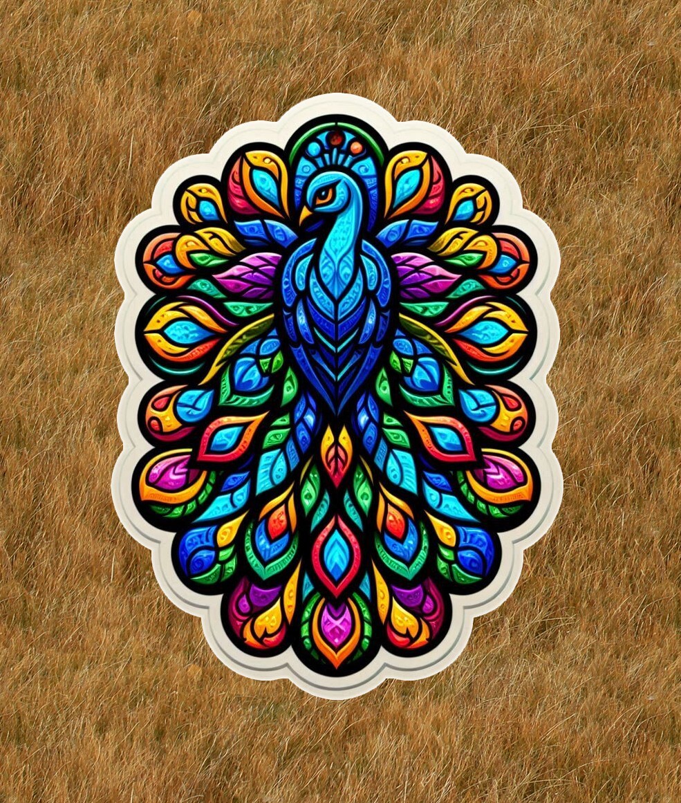 Beautiful peacock in a stained glass design vinyl sticker decal – many sizes