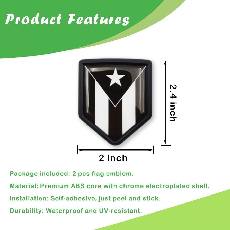 Black Puerto Rico Flag Emblem Puerto Rican Decal Car Sticker Chrome Shield Flags