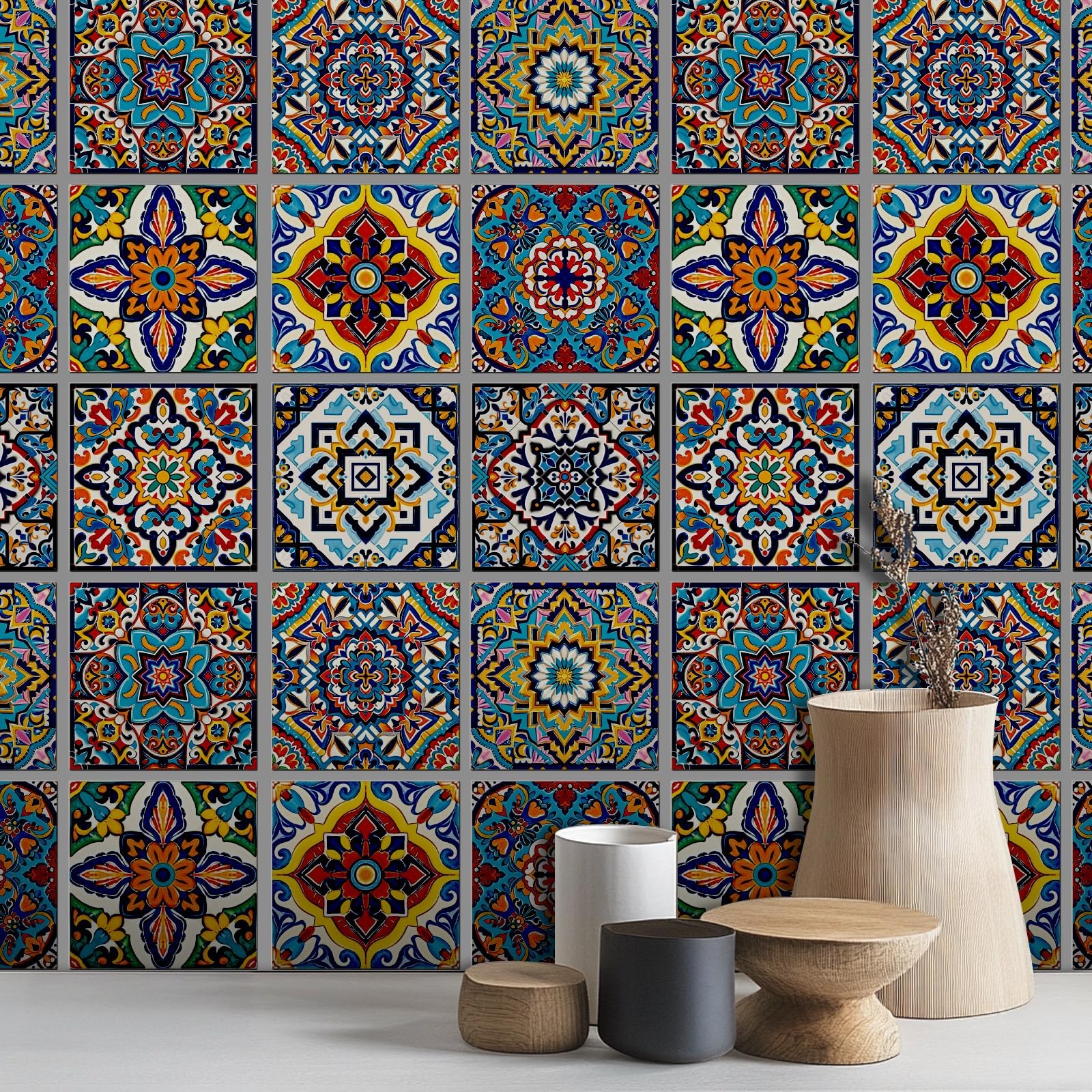 36 Pcs 9 Style Colorful Relief Tile Sticker 4×4 Inch Portuguese Geometric Pee…