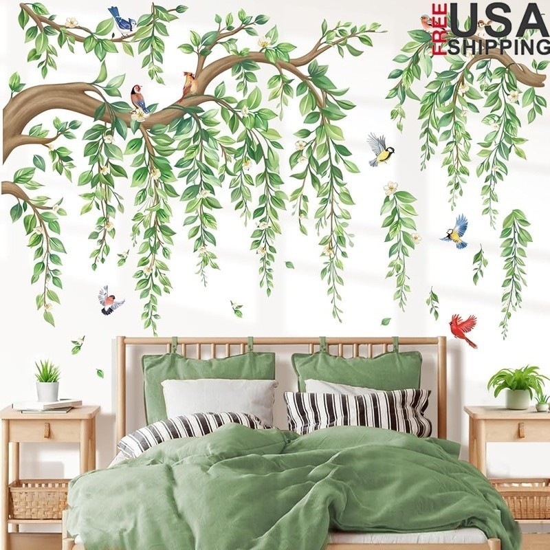Wall Decals Floral Birds Green Leaf Kids Room Self-Adhesive PVC Stickers New