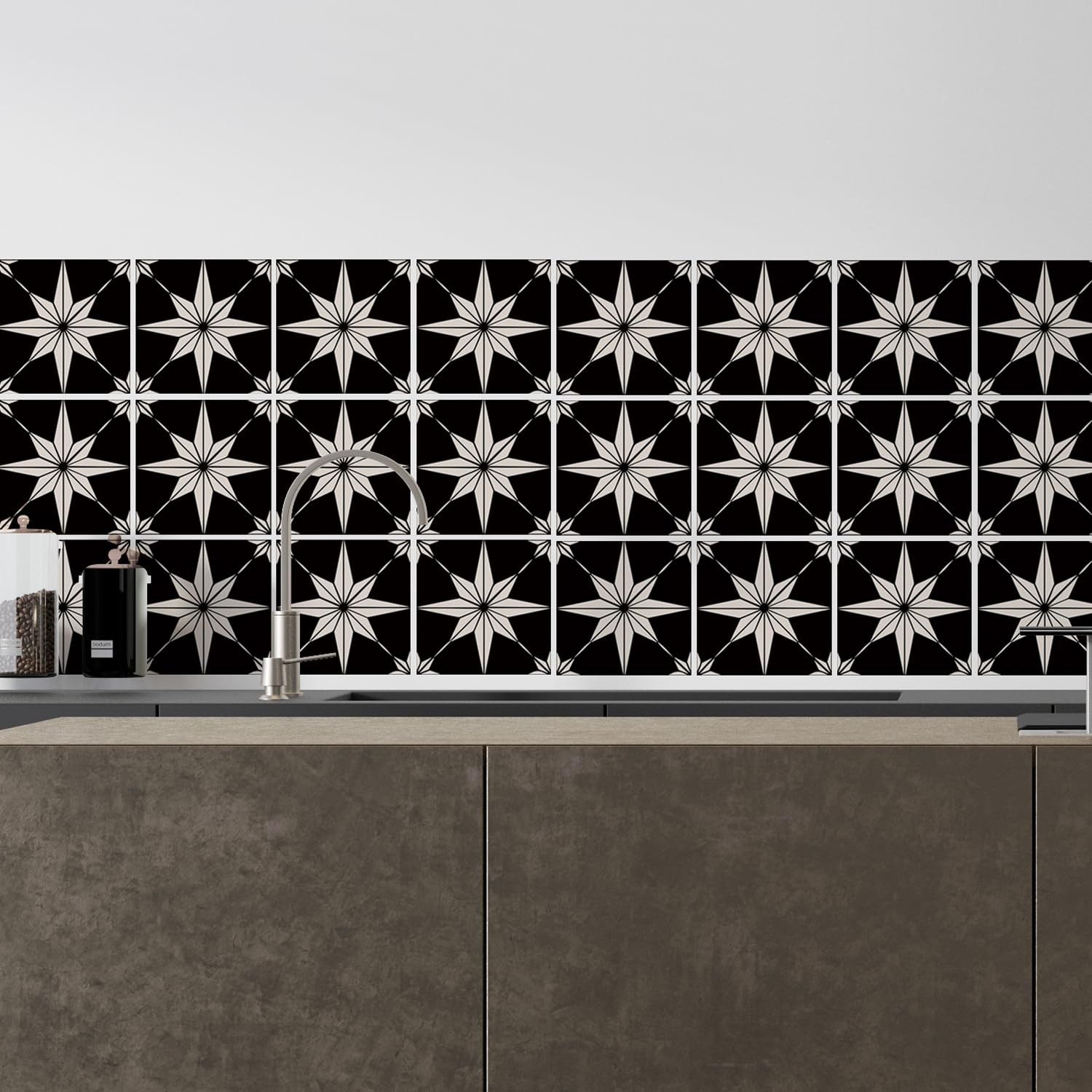16 Pack, 5.9×5.9 Inch Star Compass Peel & Stick Tile Stickers Black-White Wat…