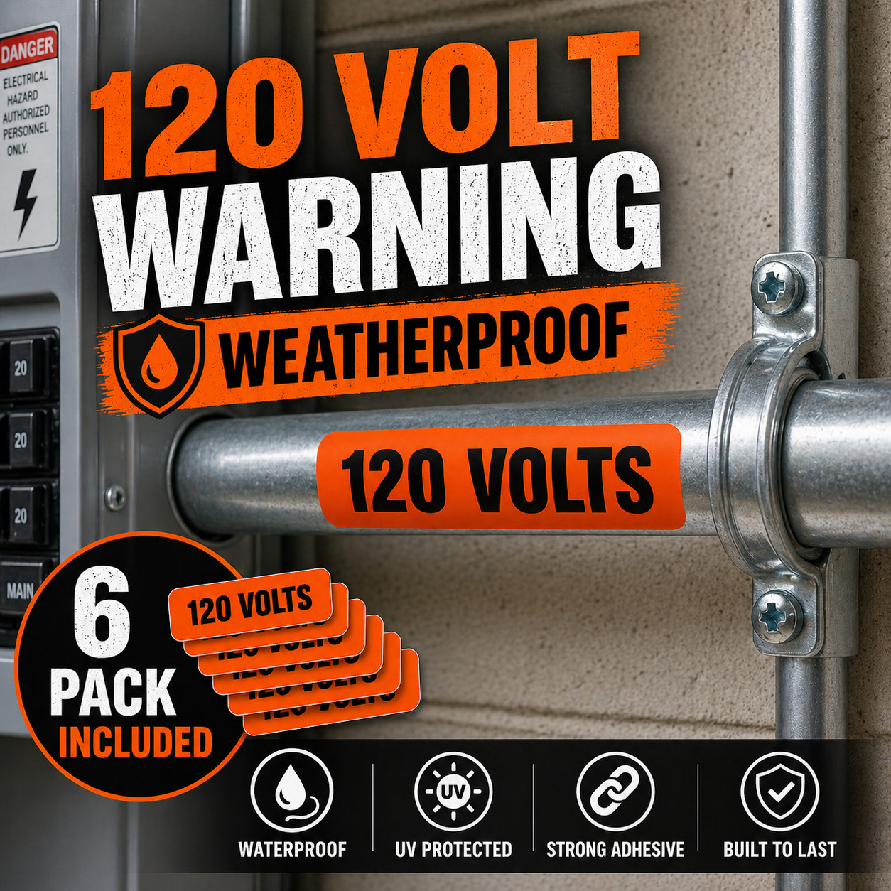 120 Volt Warning Decal – Electrical Panel / Conduit Sticker – Waterproof – 6 Pac