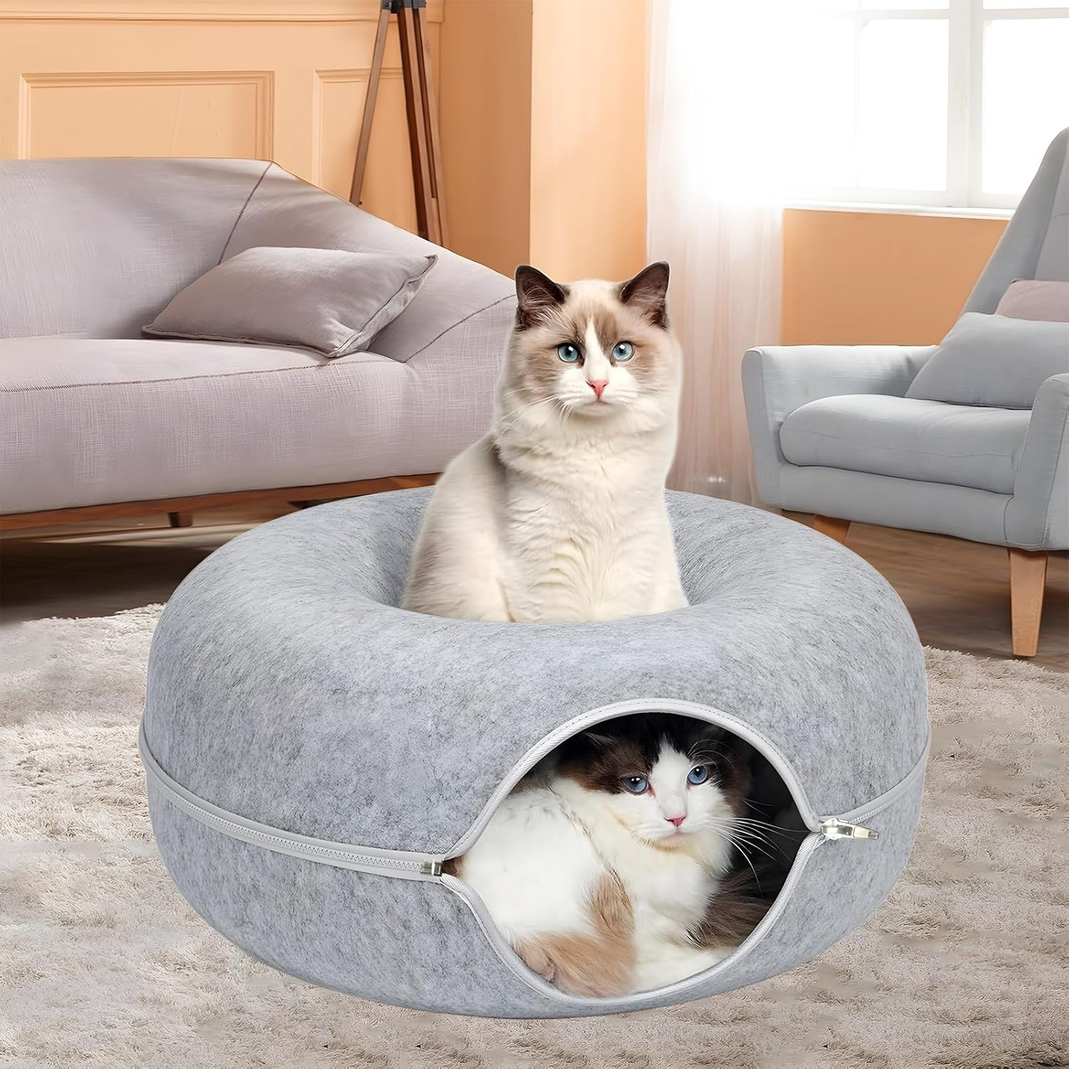 Bed for Cats 24inch Washable Interior for Indoor Cats Light Gray