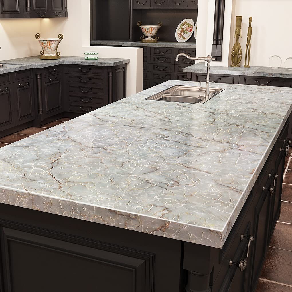 36 Inch Wide Marble Contact Paper for Countertops Waterproof Glossy Light Gre…