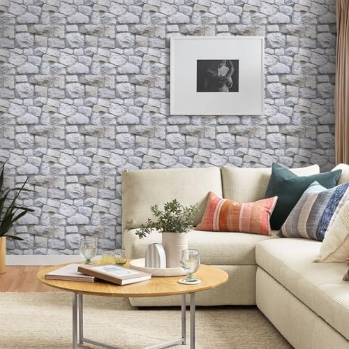 3D Faux Stone Wall Panels Peel and Stick Whitewash, 10 Pcs 11.8" x 11.8", Sto…