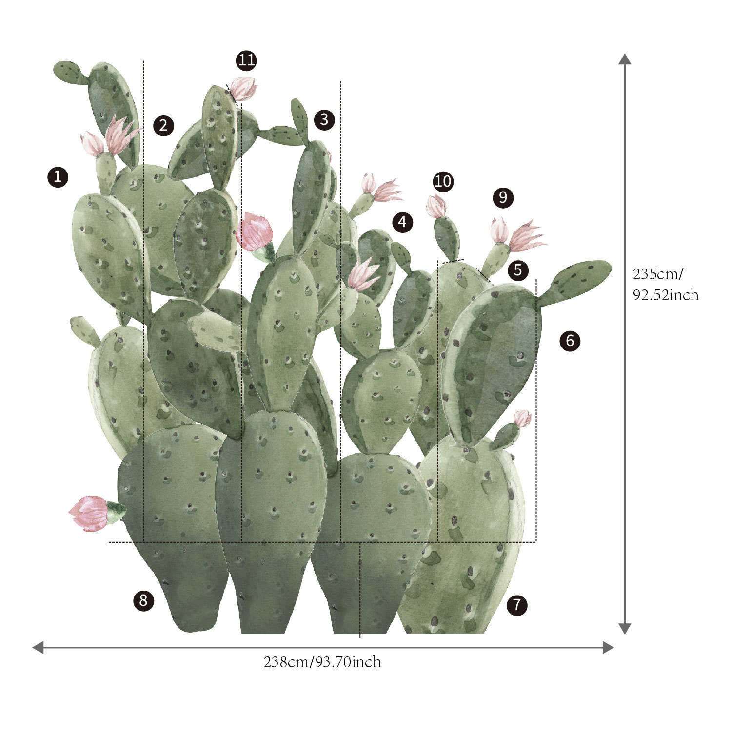 Self Adhesive Giant Prickly Pear Cactus Wall Stickers 93.70" x 92.52"