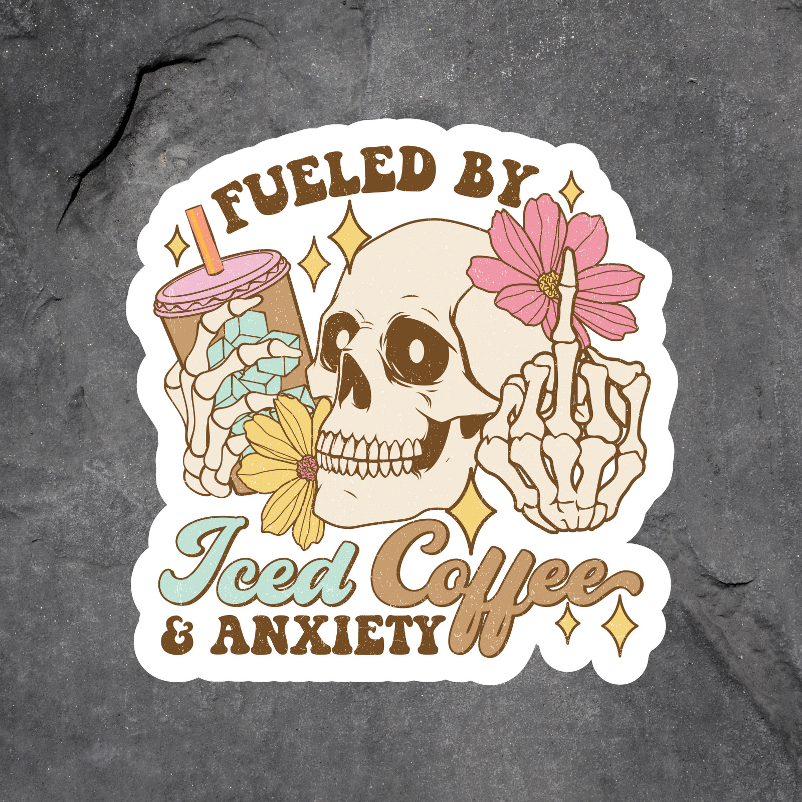 Coffee skeleton fueled by iced coffee sticker vinyl decal anxiety humor caffeine