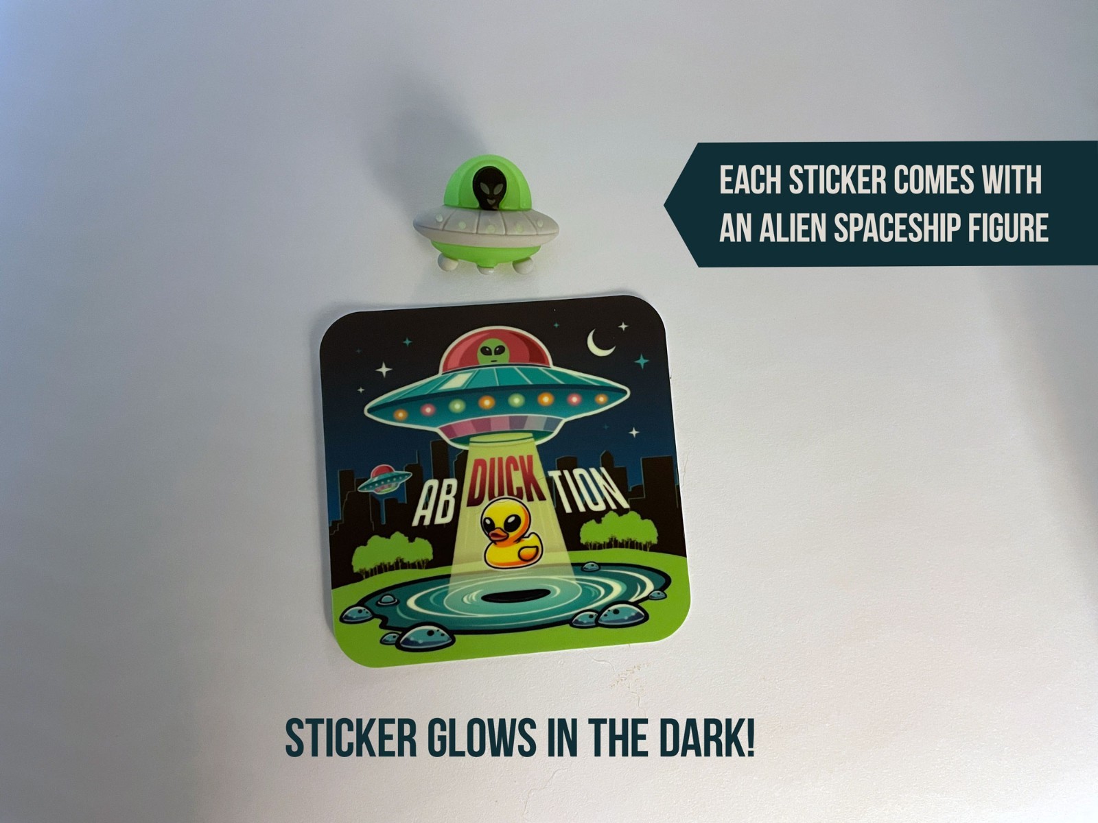 2 Alien Ab-duck-tion Stickers! Extra Terrestrial Glow in the Dark! Vinyl Decal