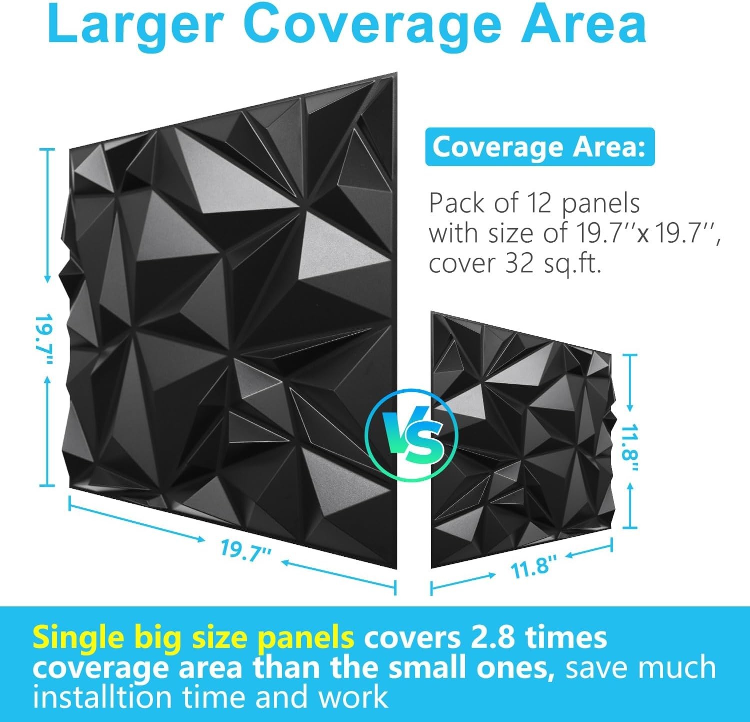 NEW 12 Pack 3D Wall Panels Black Diamond Accent Wall Decor 19.7in