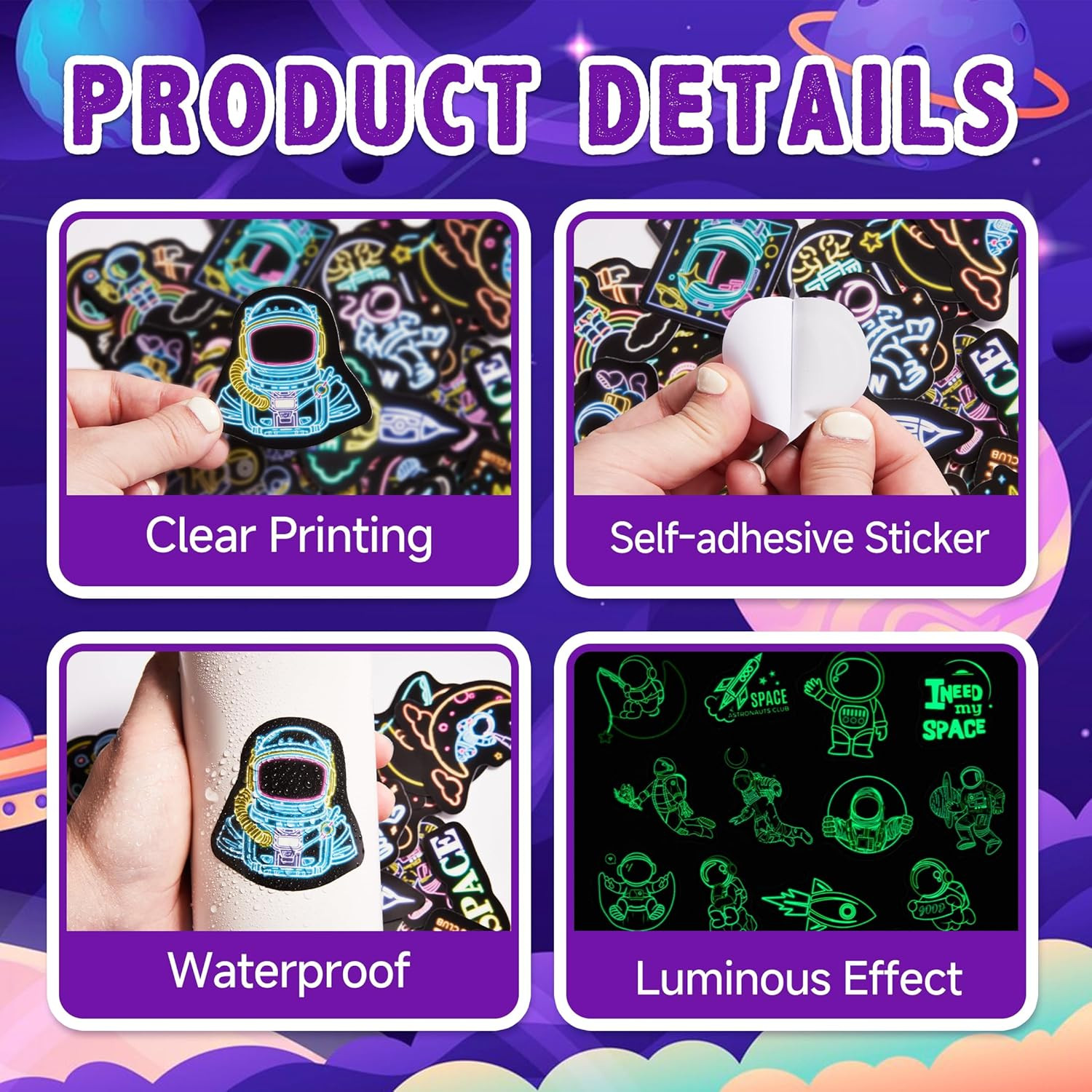 50 Pcs Glow in the Dark Space Themed Neon Stickers for Kids, Adults Waterproof V