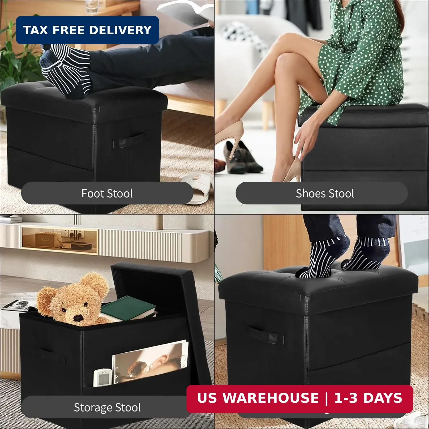 Storage Ottoman Foot Rest Stool with Thicker Foam Padded Seat. Foldable Leather