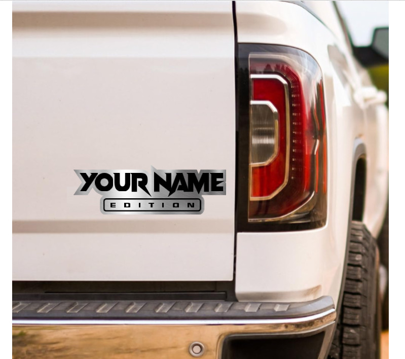Custom Car Badge Emblem – Your Text “EDITION” Name Plate, Brushed Silver Logo