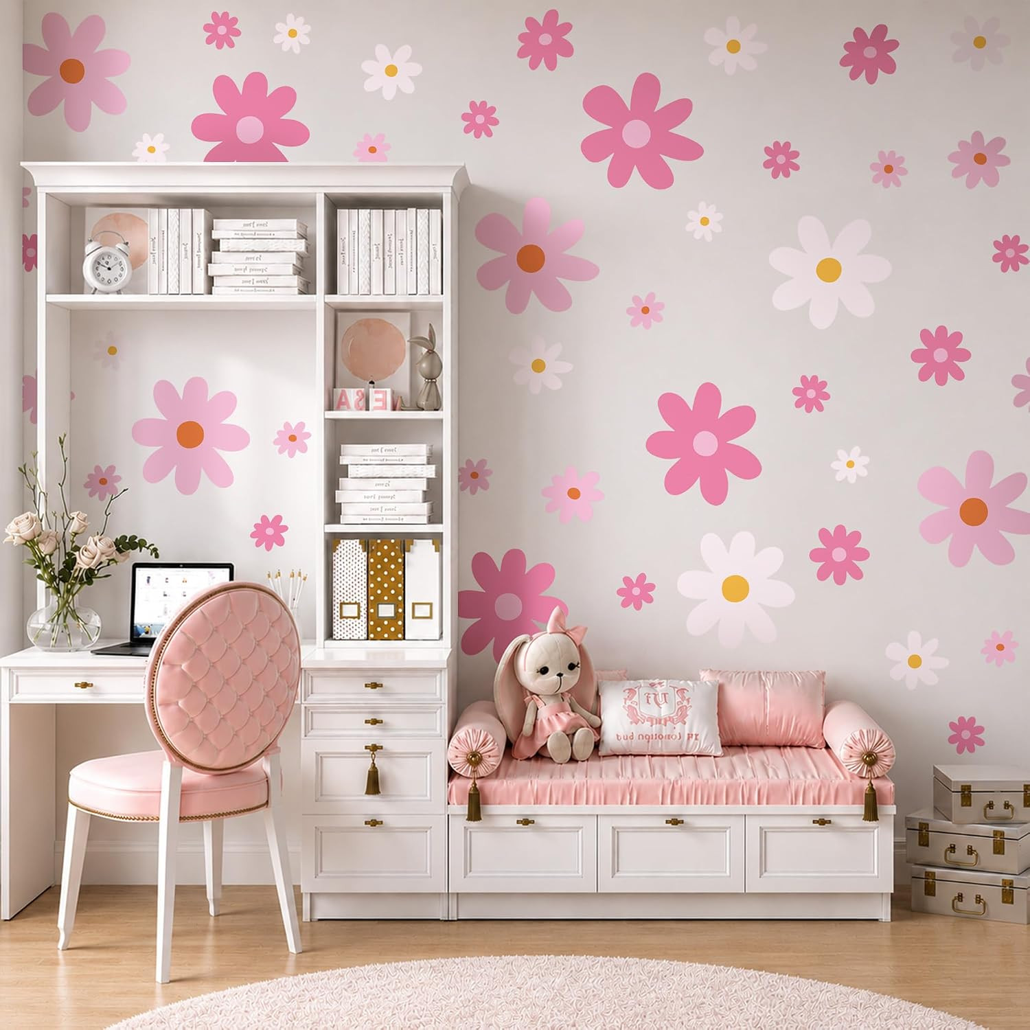 Large Daisy Wall Decals – 52 Pcs Pink Peel and Stick Flower Wall Stickers for Be