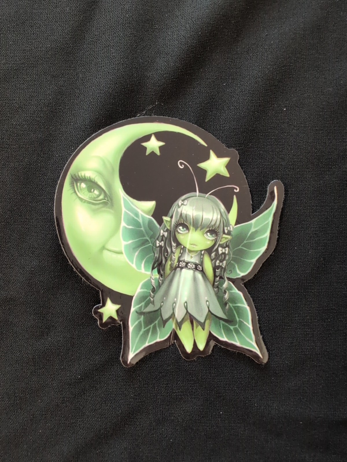 Green Butterfly Garden Fairy & Crested Moon Bumper Sticker Vinyl Decal 4”x 3.5”