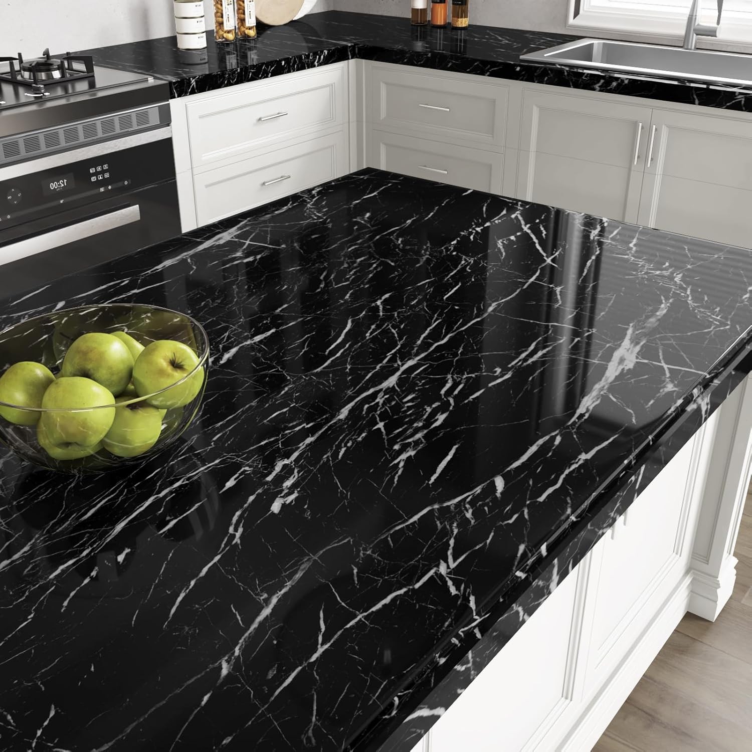 Glossy Marble Black Paper Peel and Stick Marble Counter Top Stick on Wallpape…