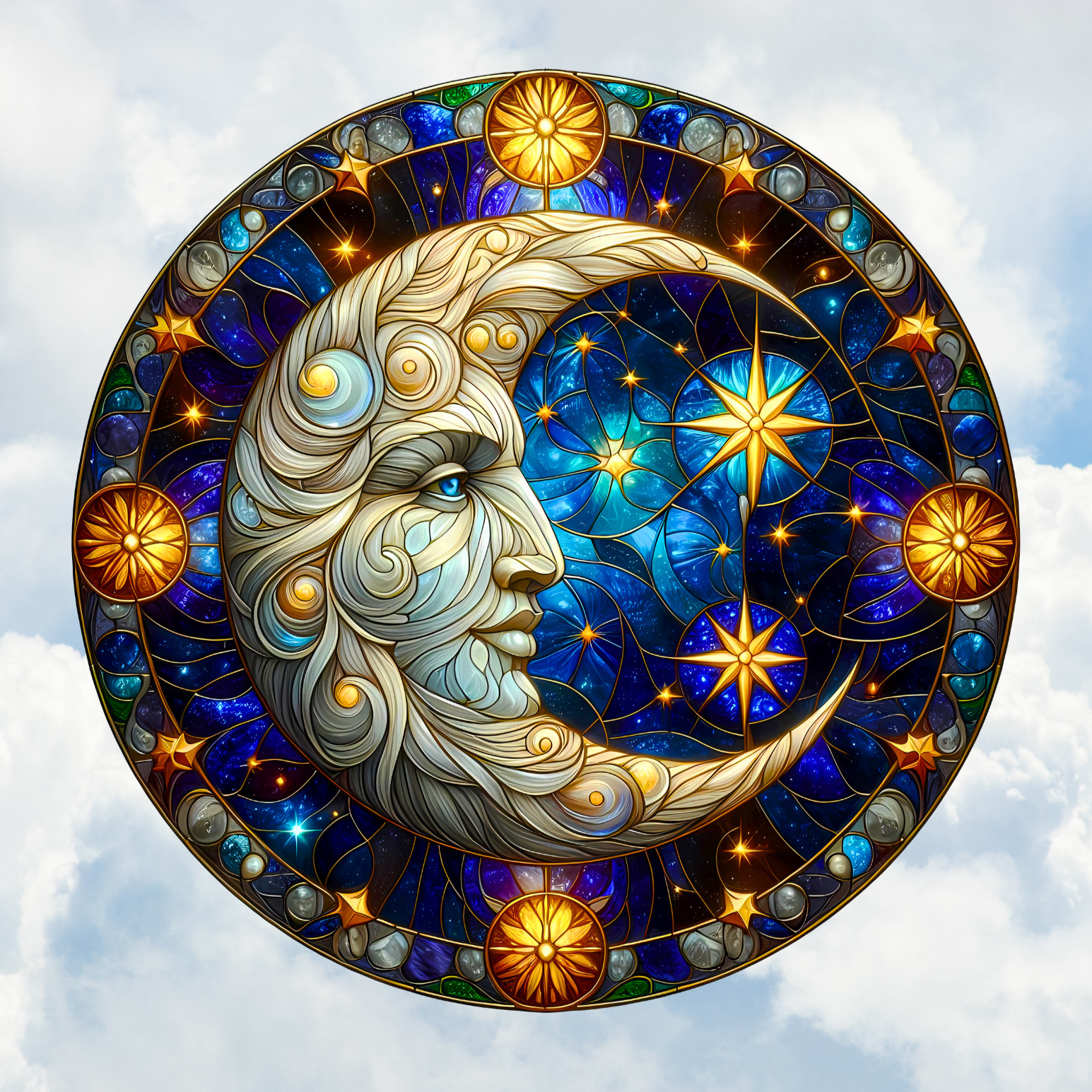 Crescent Moon Faux Stained-Glass WINDOW CLING Size 8" Round Vinyl