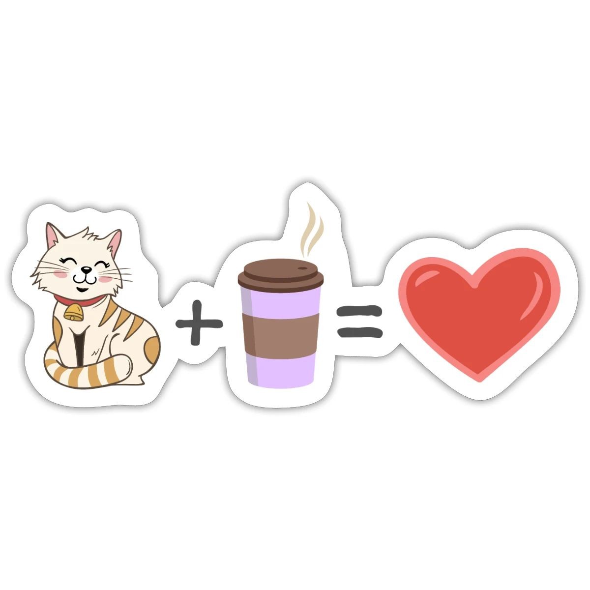 Cat Plus Coffee Equals Heart | Cute Cat Lover Sticker, max. 4 x 4"