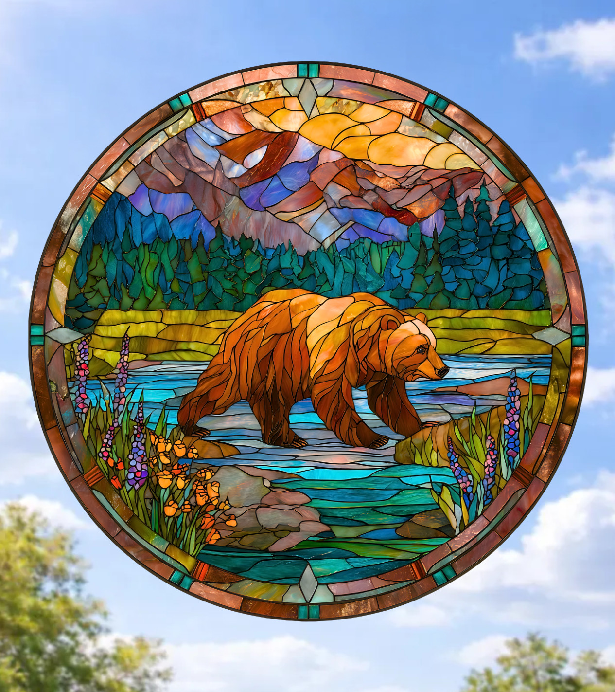 Bear Faux Stained-Glass WINDOW CLING Sun-catcher Size 8"