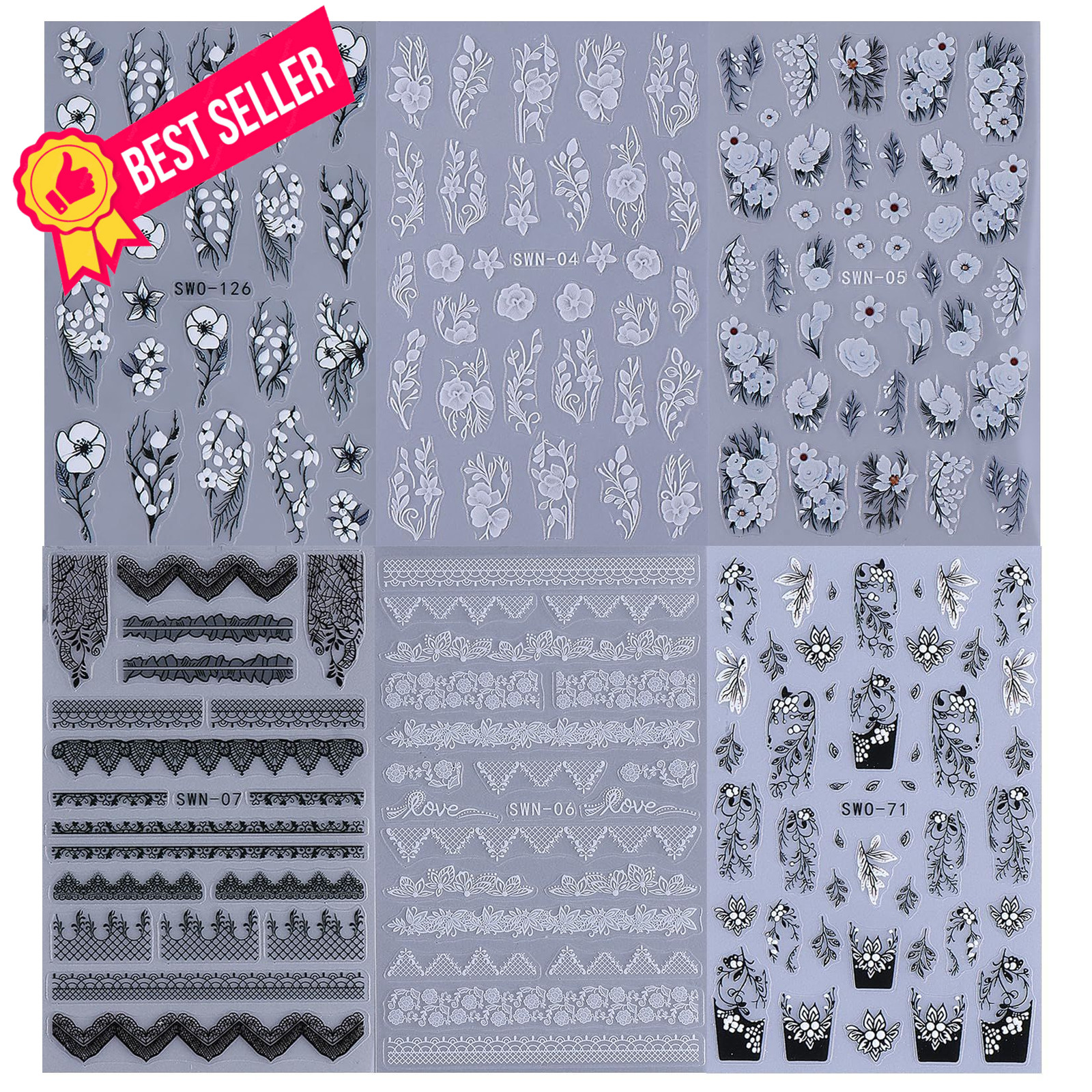 Lace Flower Nail Art Stickers 6 Sheets Black 2.56 x 4 x 0.04 inches, Colorful