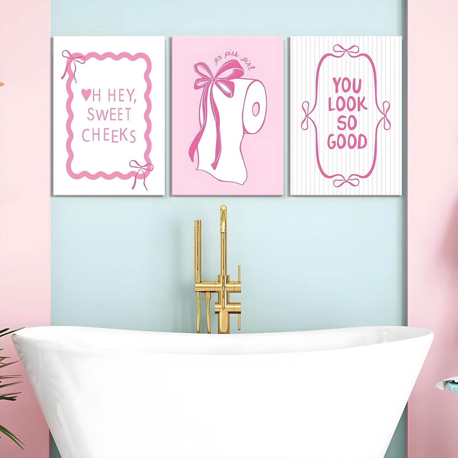 JBZDD 3Pcs Pink Bow Bathroom Canvas Wall Art Bowknot Coquette Posters Prints …