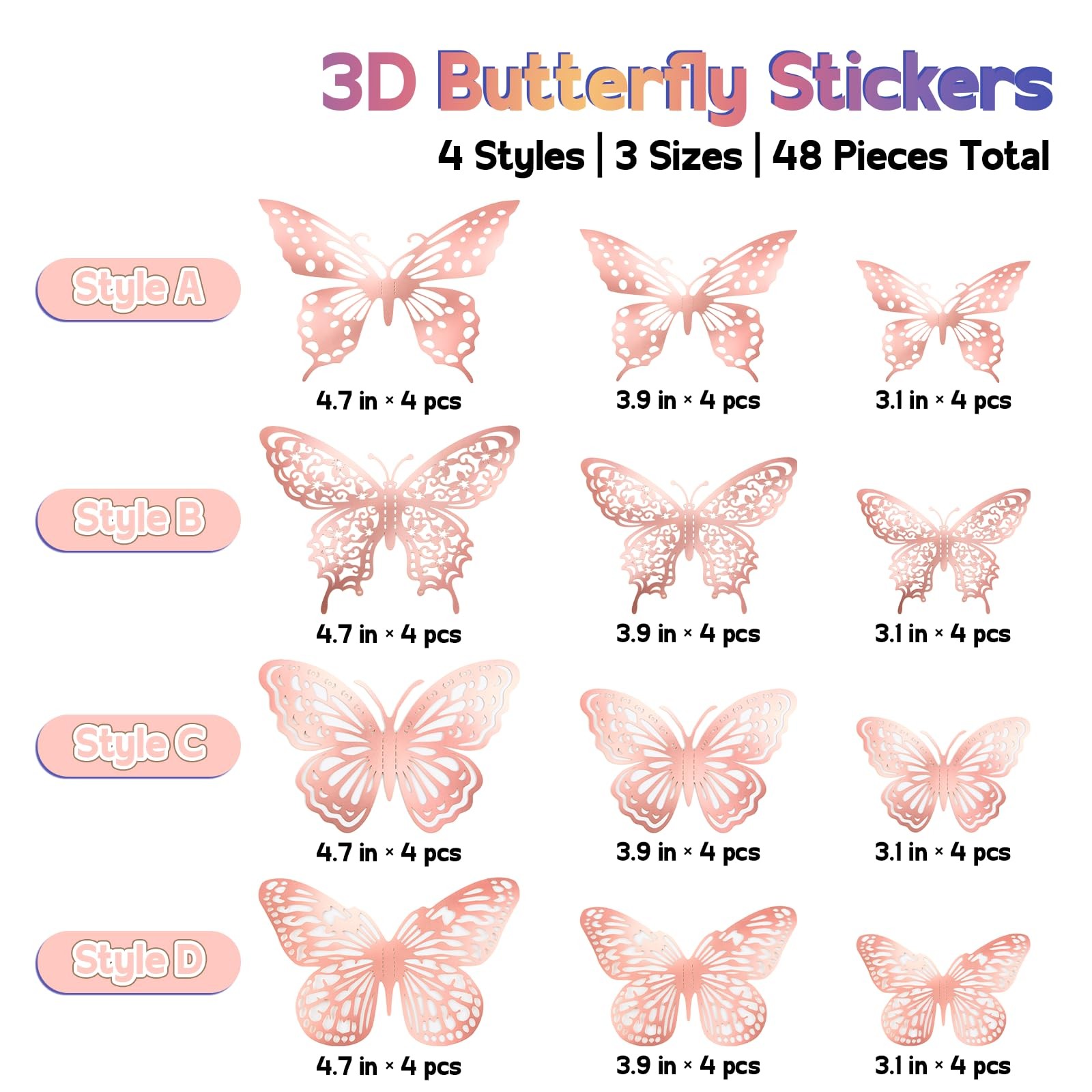 Butterfly Wall Decor, 48pcs 3D Butterfly Stickers in 3 Sizes & 4 Styles for B…