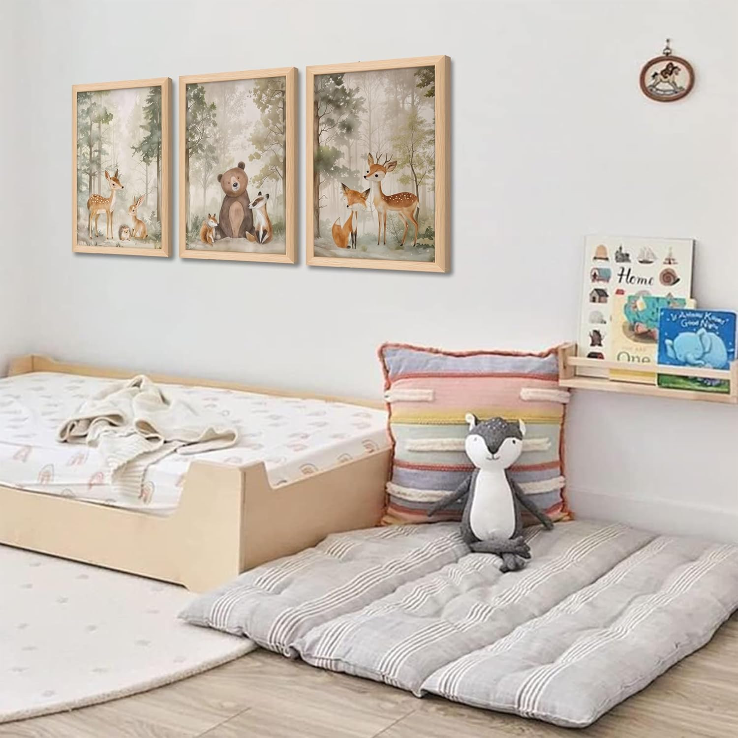 Framed Woodland Wall Art Set of 3, Wild Animals Nursery Wall Decor, Cute Bear Fo