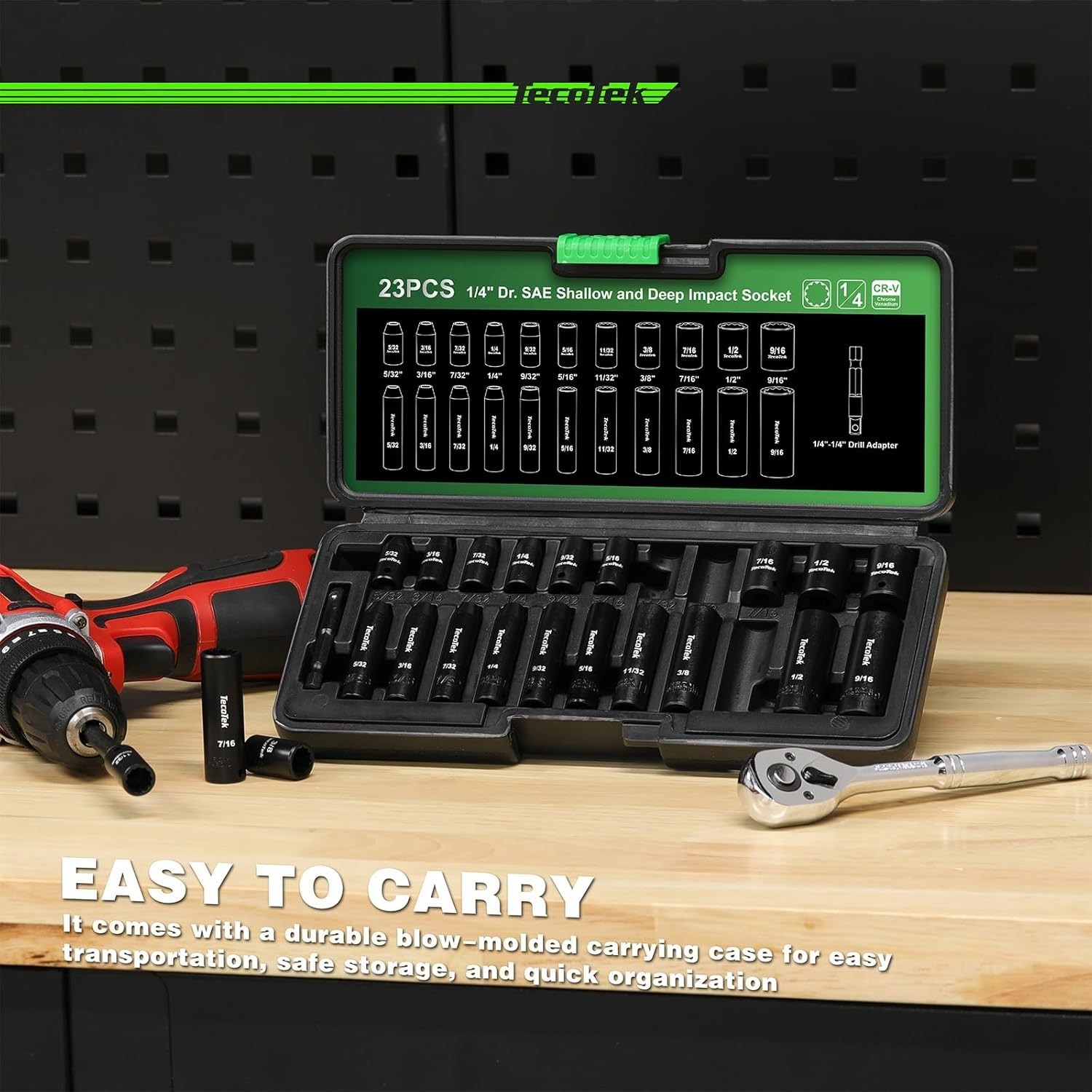 23-Piece 1/4" Drive Impact Socket Set, Shallow & Deep 12-Point, SAE, CR-V, Drill