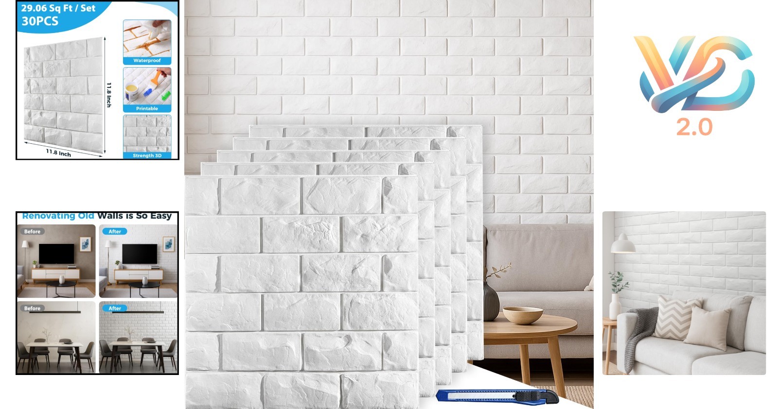 30 Pcs White 3D Brick Wall Panels Printable Self Adhesive Waterproof Foam