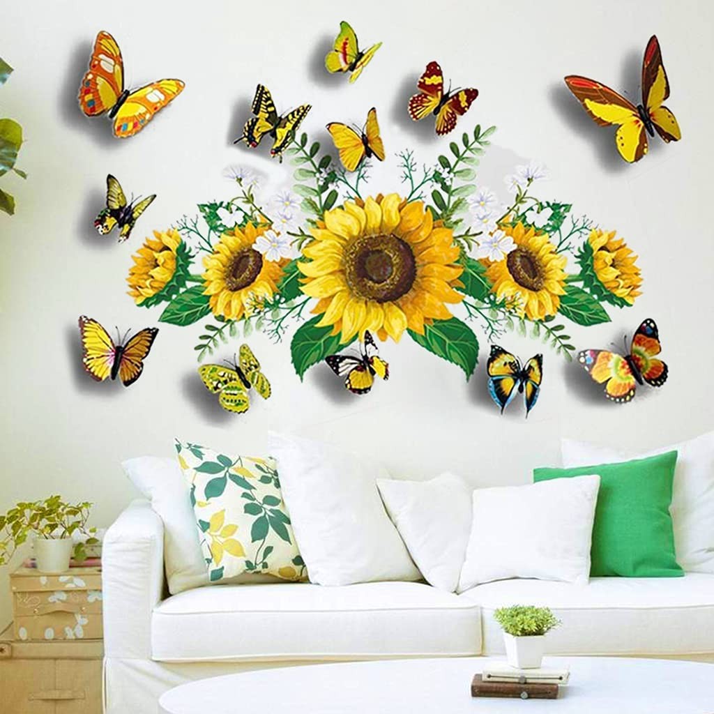 Sunflower Wall Stickers with 3D Butterfly Sticker, Yellow Sunflower-1
