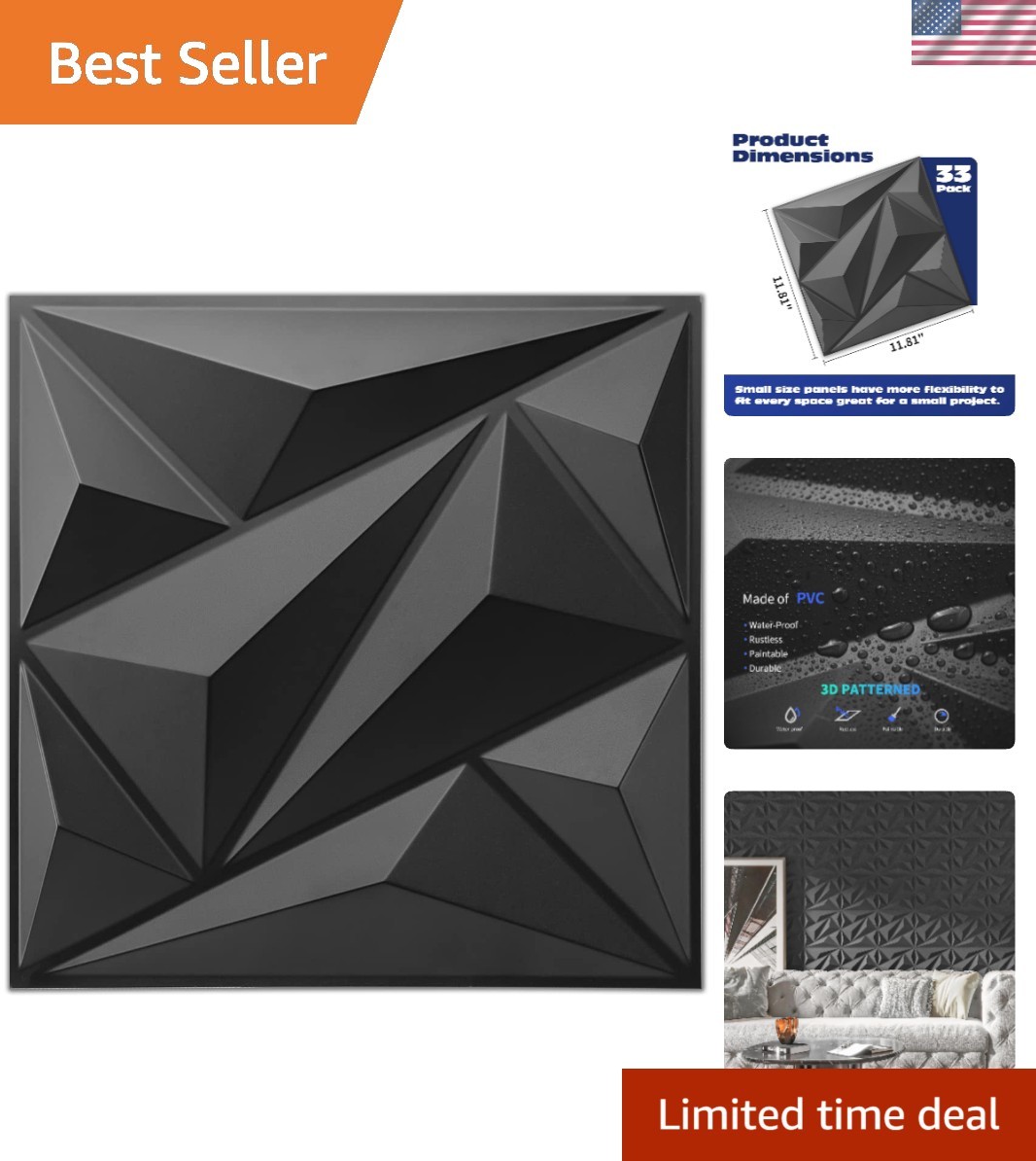 DIY 3D Diamond Wall Panels Set – 33 Elegant Black Vinyl Sheets for Any Room