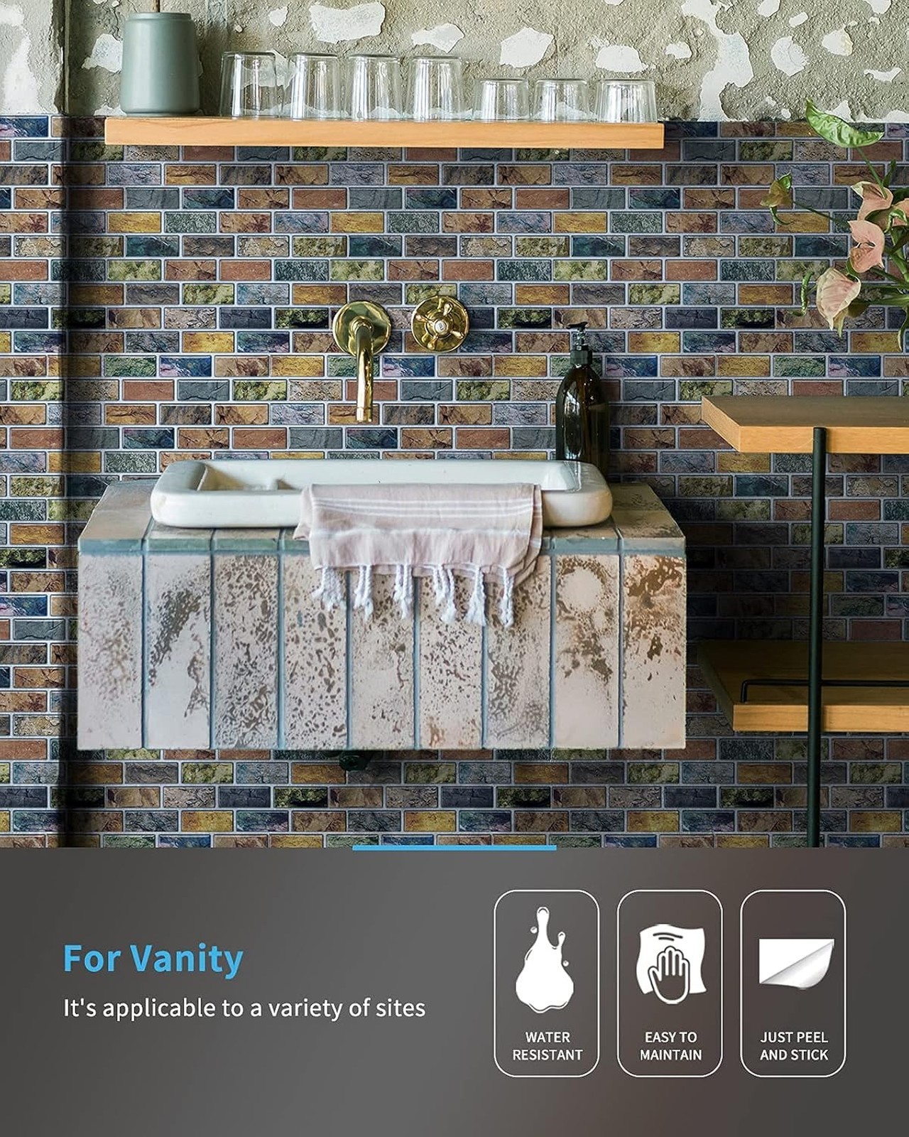 Peel and Stick Vinyl Backsplash Tiles 12 Inch Colorful Marble 10 Piece Set for