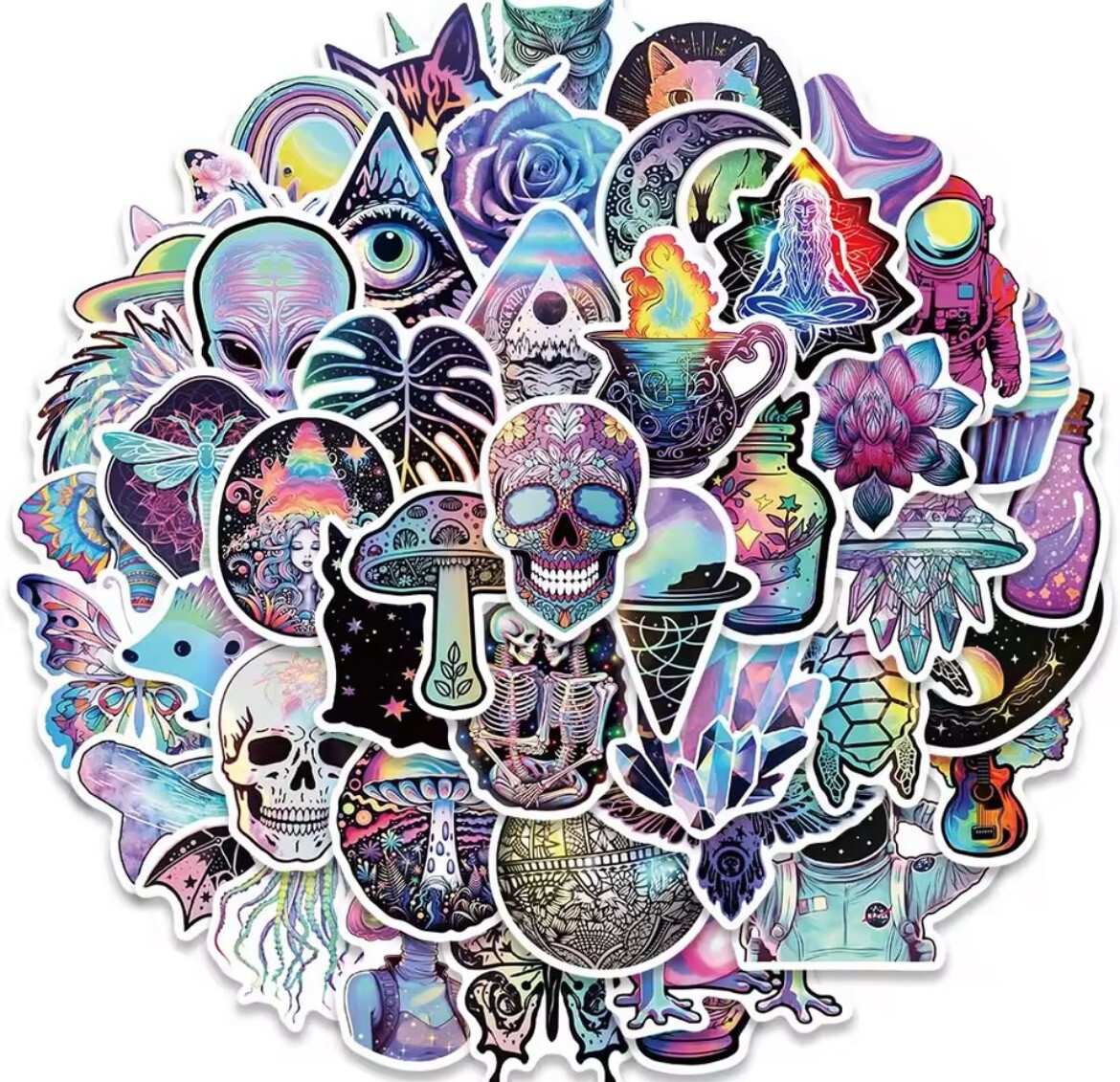 Colorful Pastel Stickers 50pk Skull Butterfly Trippy Stickers Fun Cool Stickers