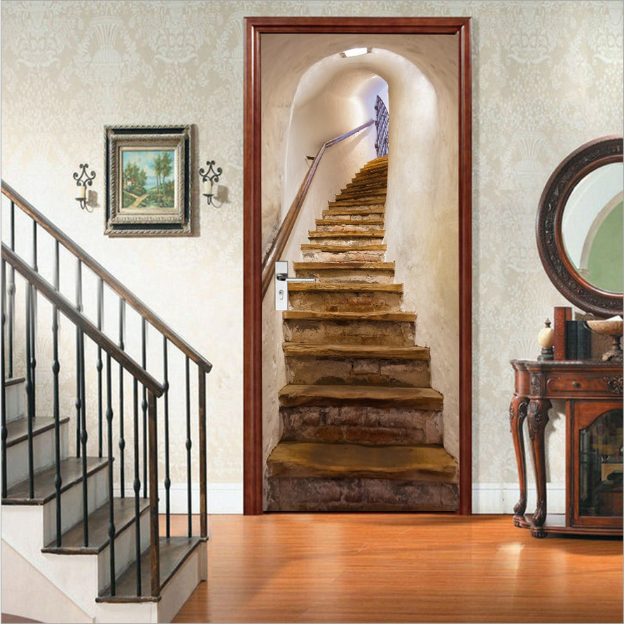 3D Wall Art Basement Retro Stair Door Sticker PVC Decal Self-adhesive Mural