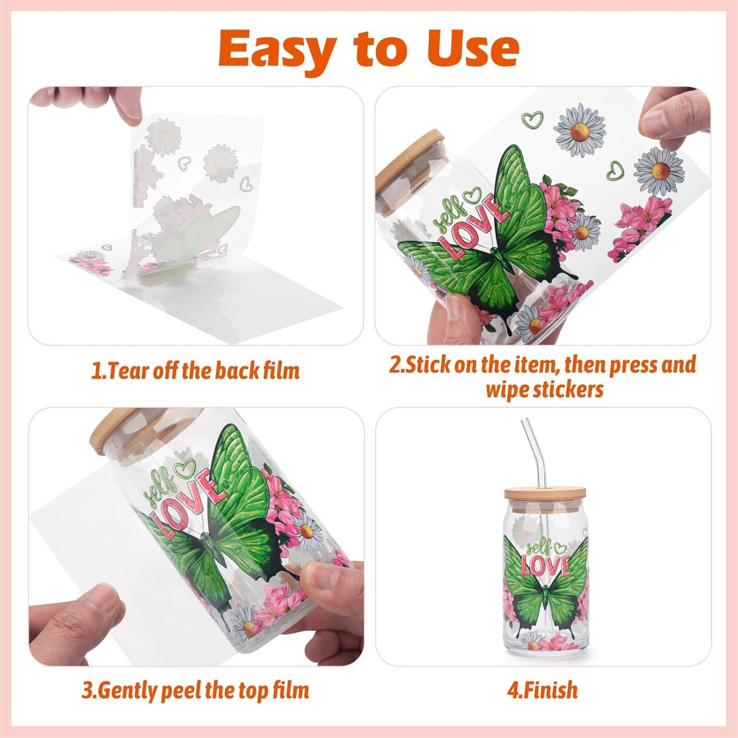 UV DTF Cup Wraps for 16 oz Glass Cups, 10 Sheets Rub on Transfers for Crafts,…
