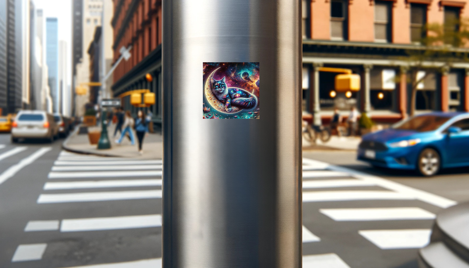 Galaxy Cat on Crescent Moon | 3×3" Waterproof Vinyl Decal – Free Shipping