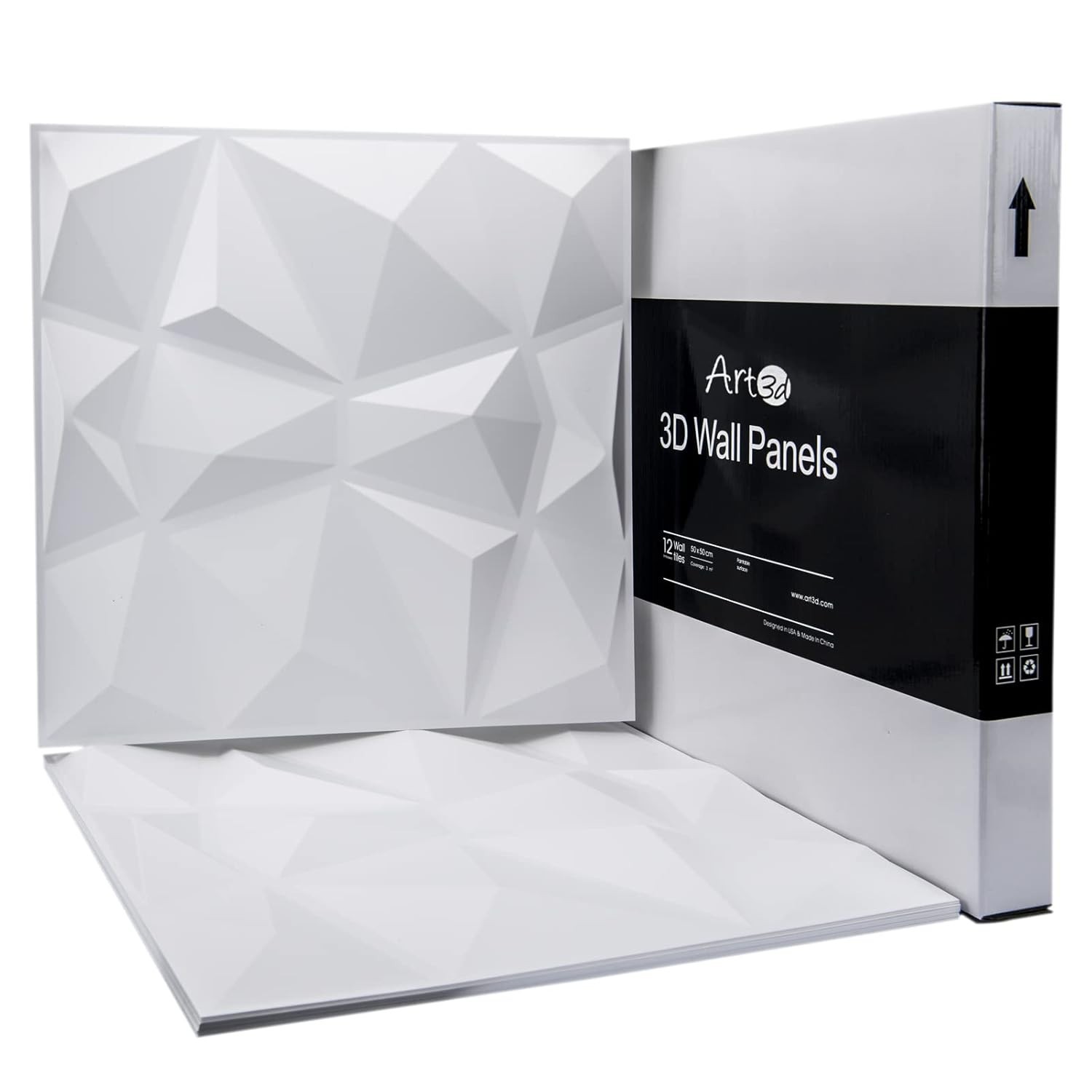 Pack of 12 Elegant 3D Pyramid PVC Wall Panels in Snow White – 19.7"x19.7"