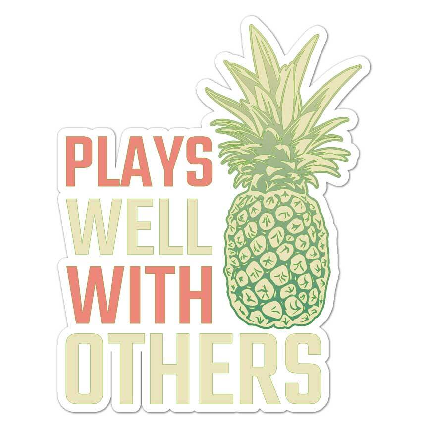 Pineapple Plays Well Others, Vinyl Decal Sticker, Indoor Outdoor, 3 Sizes, #8543
